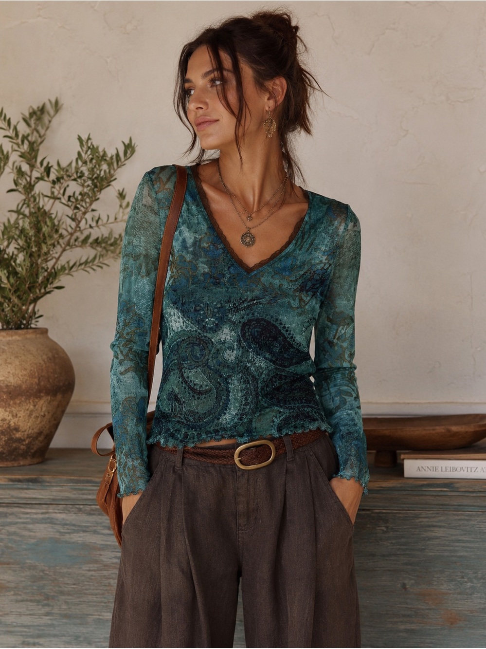 APANAGE Boho Mesh Layered Paisley Top EU Boutique Sheer Lace Trim Size 10